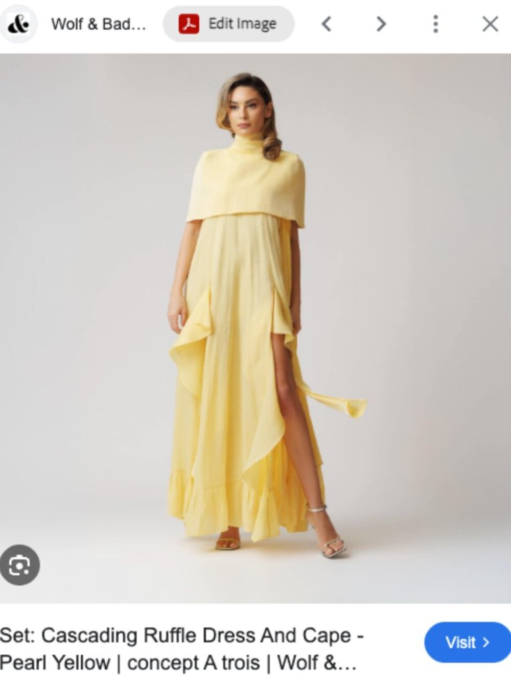 Wolf & Badger Pearl Yellow Cascading Ruffle Maxi Dress with Cape